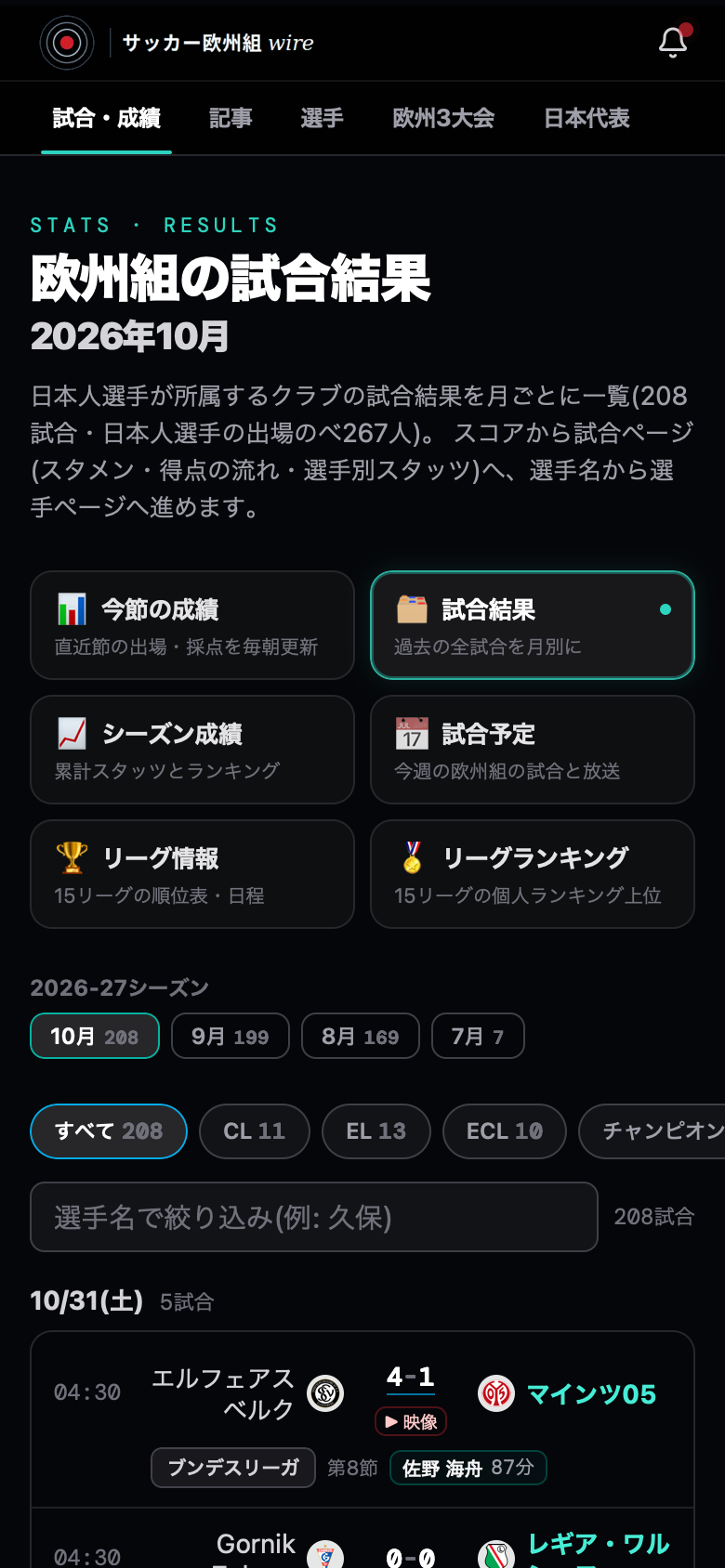 試合結果アーカイブ(月別)